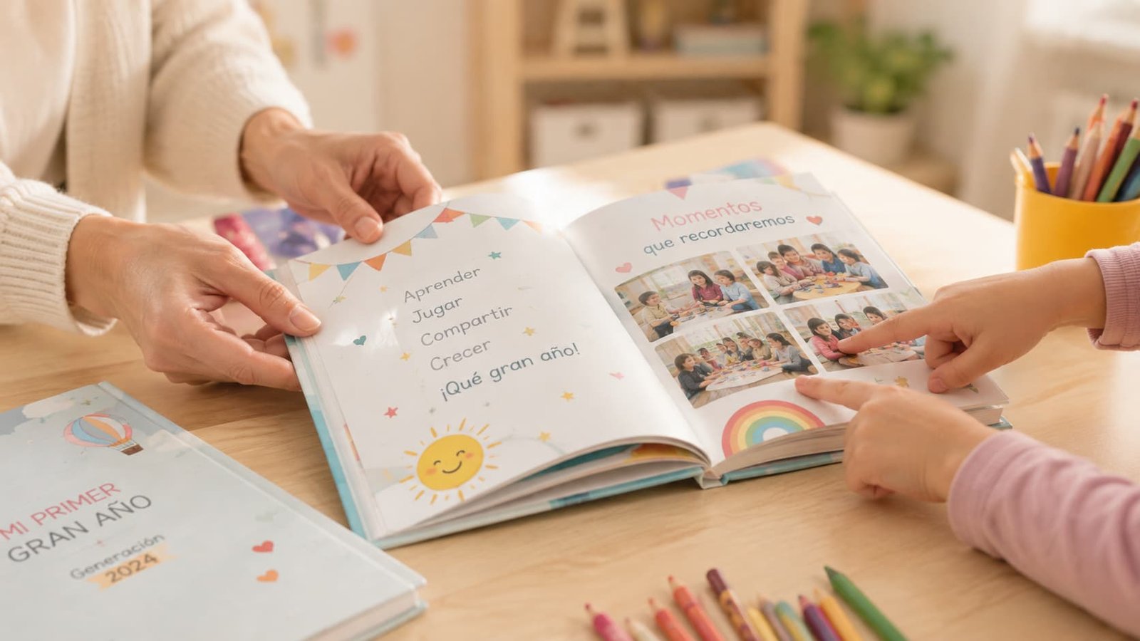 Muestra conceptual de una familia revisando un libro de recuerdos infantil