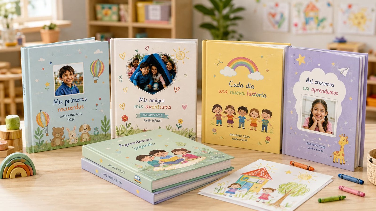 Muestra conceptual de un libro de recuerdos infantil abierto con fotografías, dibujos y mensajes